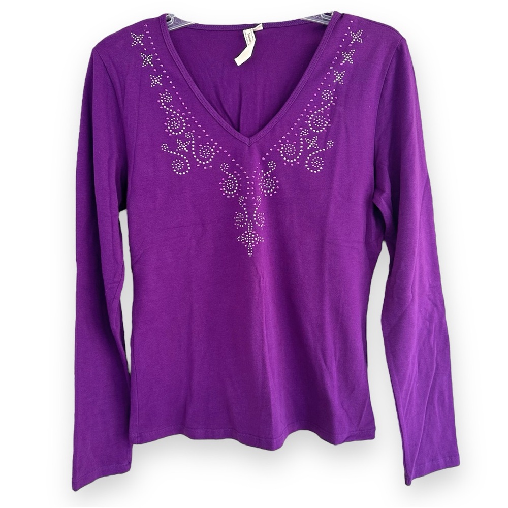 90s Y2K VINTAGE SUSAN LAWRENCE Purple Bedazzled Rhinestone Long Sleeve Shirt
